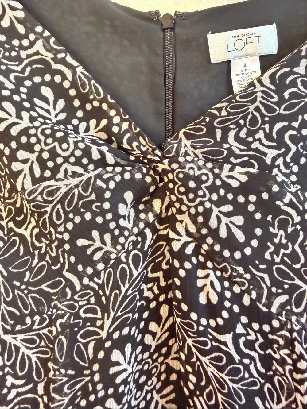 Loft black white floral velvet detail ruffle midi dress